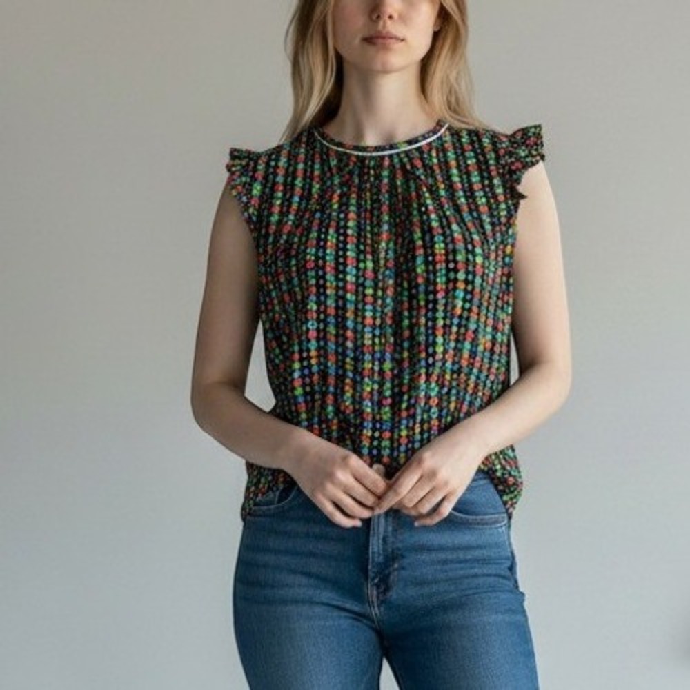 Marni Summer Edition 2013 Silk Geometric Retro Ruffle Sleeveless Top Size 44 M/L